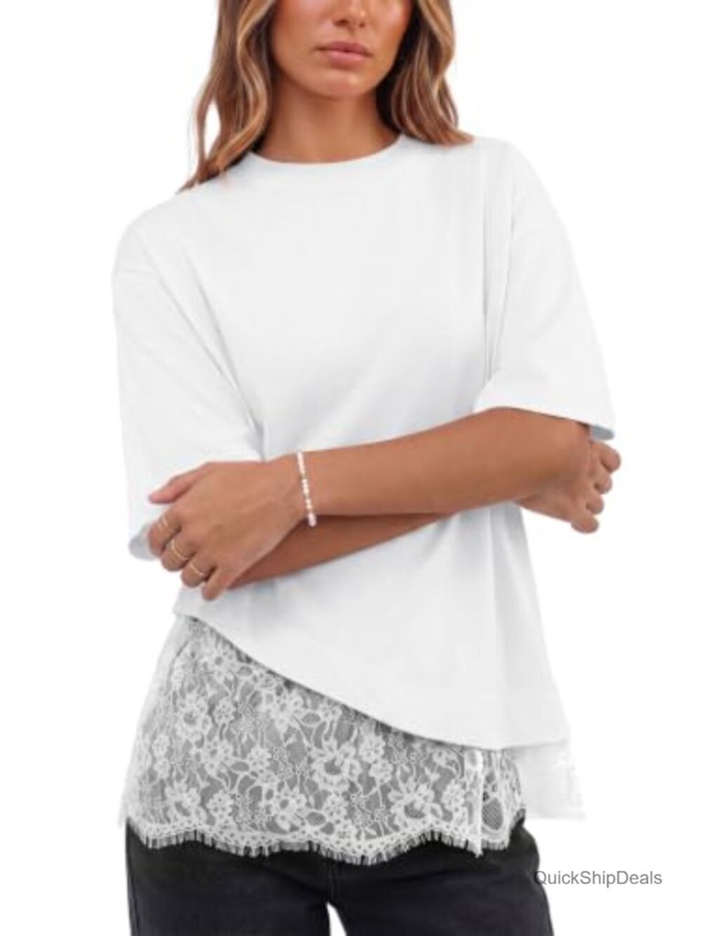 Womens Lace Trim Short Sleeve Top Patchwork Tee